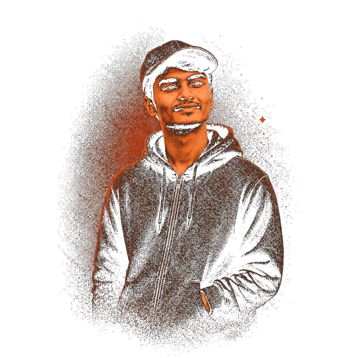 Risograph portrait of Salman with warm halftone texture.