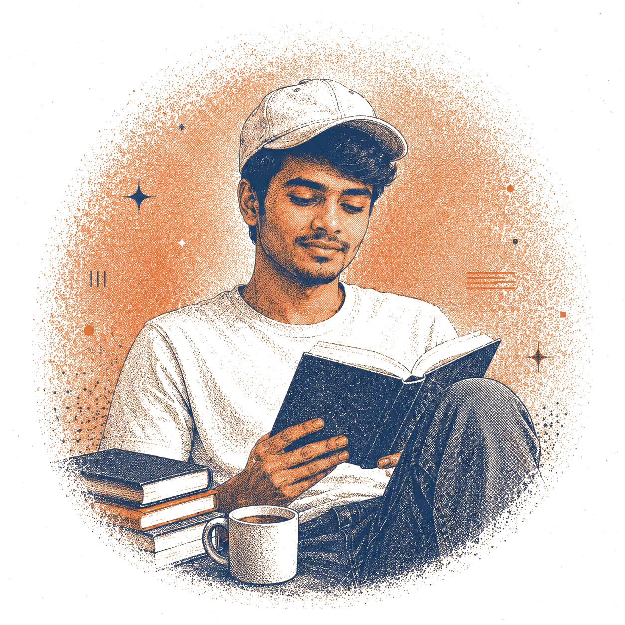 Risograph illustration of a person reading beside a stack of books.
