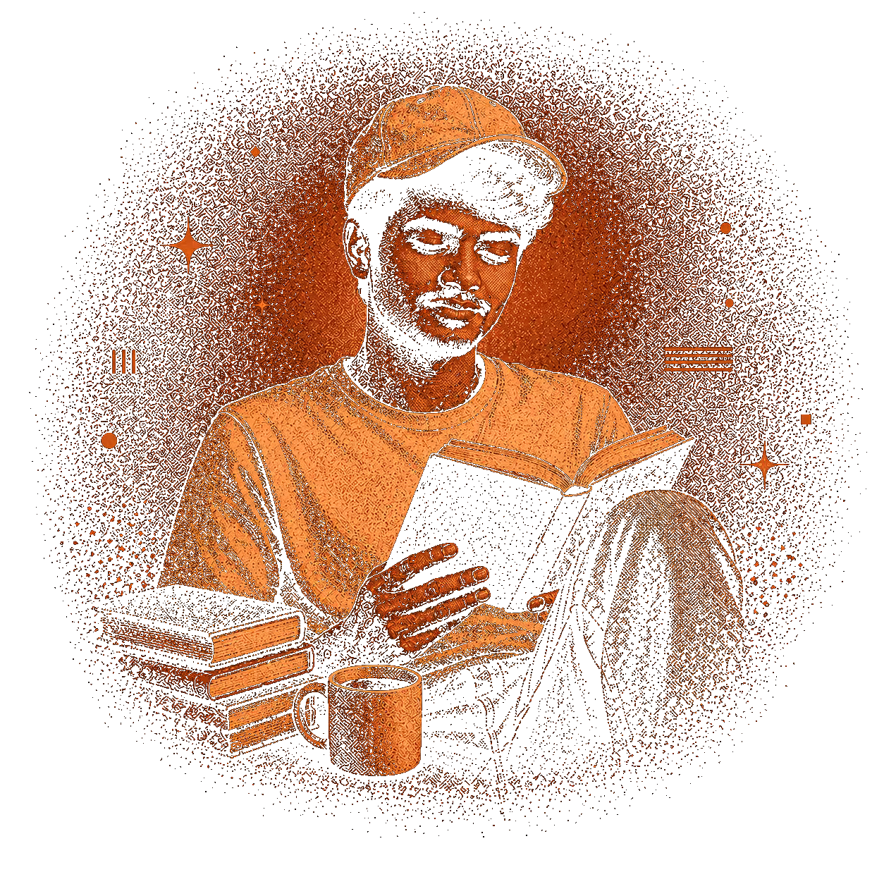 Risograph illustration of a person reading beside a stack of books.