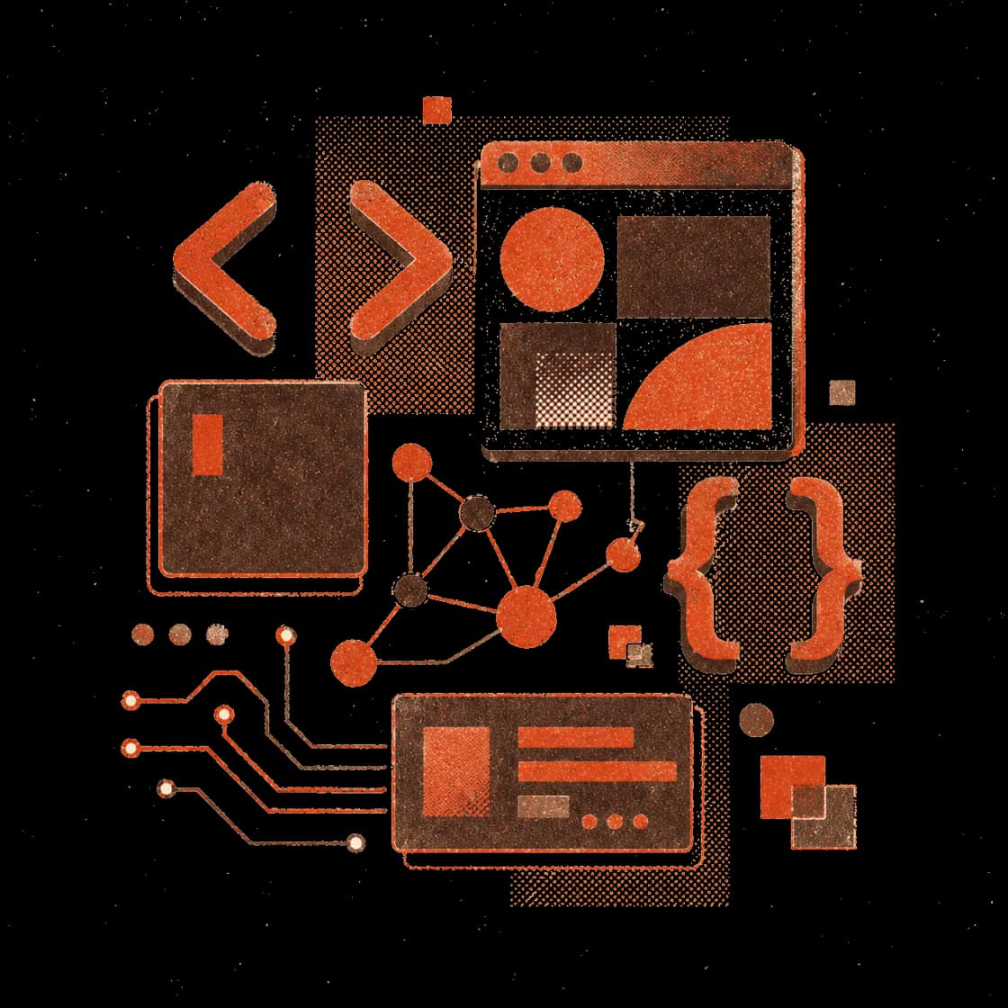 Risograph illustration of connected code, browser, and API shapes.