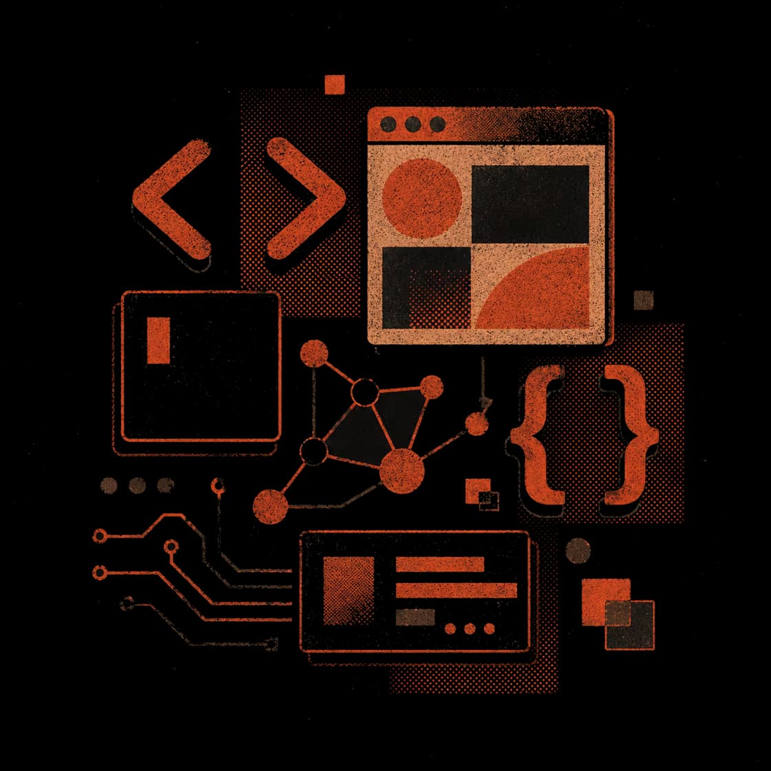 Risograph illustration of connected code, browser, and API shapes.
