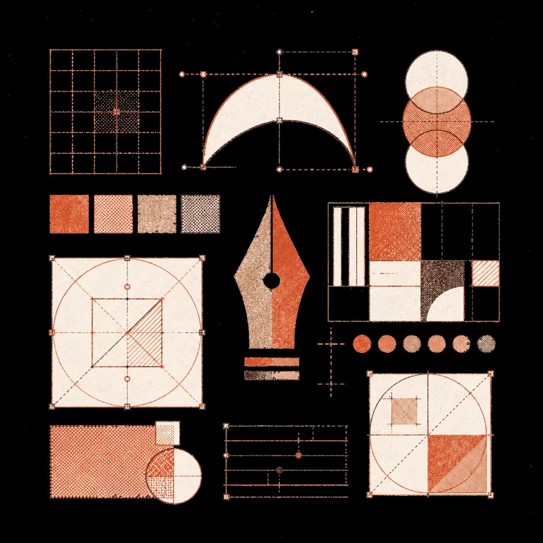 Risograph illustration of interface, design, and research symbols.