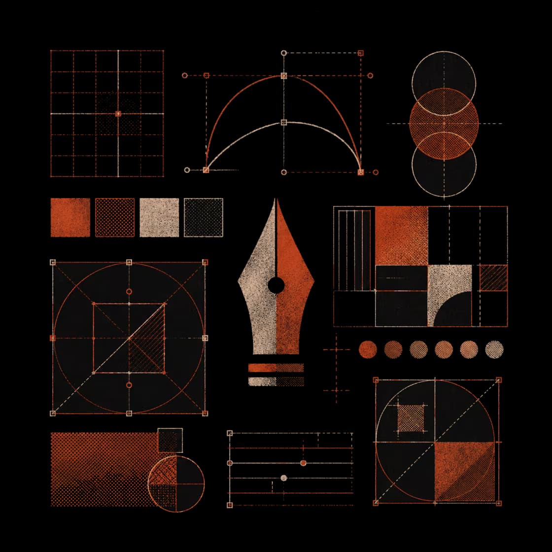 Risograph illustration of interface, design, and research symbols.