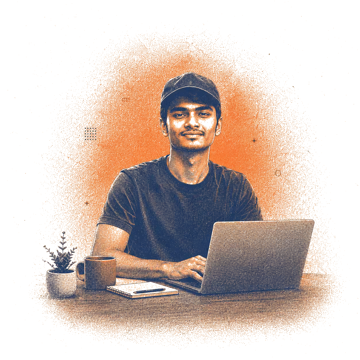 Risograph illustration of Salman working at a laptop.