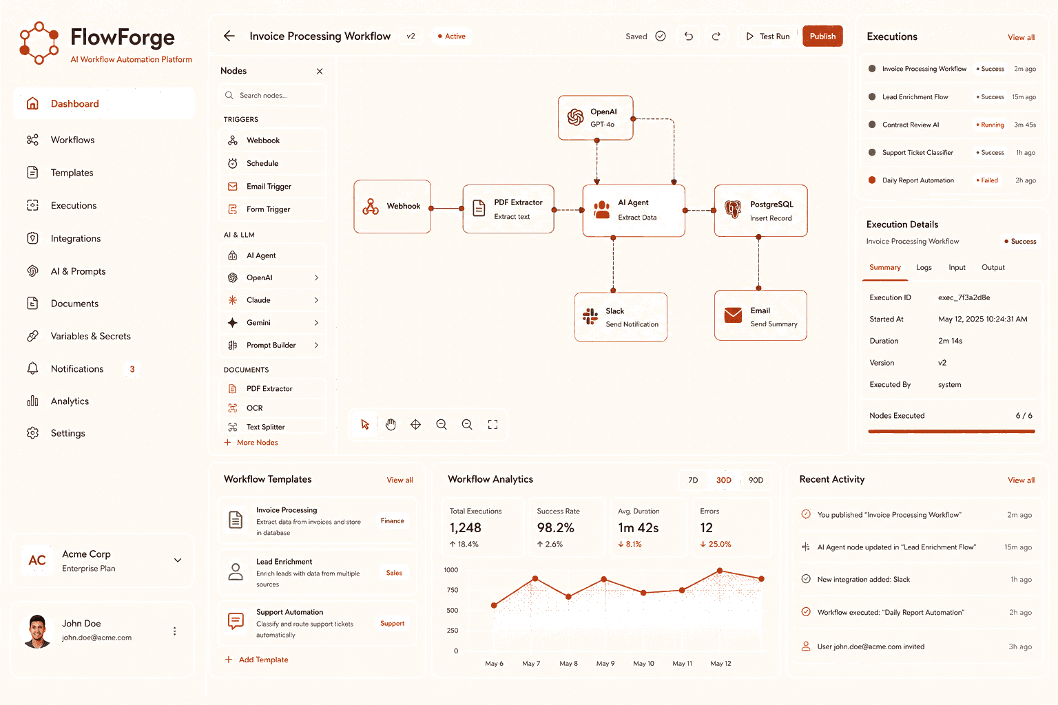 Minimal enterprise illustration of interconnected workflow nodes, AI agents, and automation pipelines.
